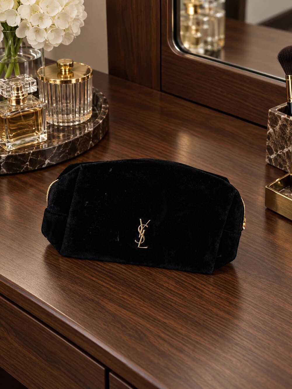 Yves Saint Laurent Black Velvet Makeup Bag | Velvet and Gold-Tone Details - Picture 3 of 6